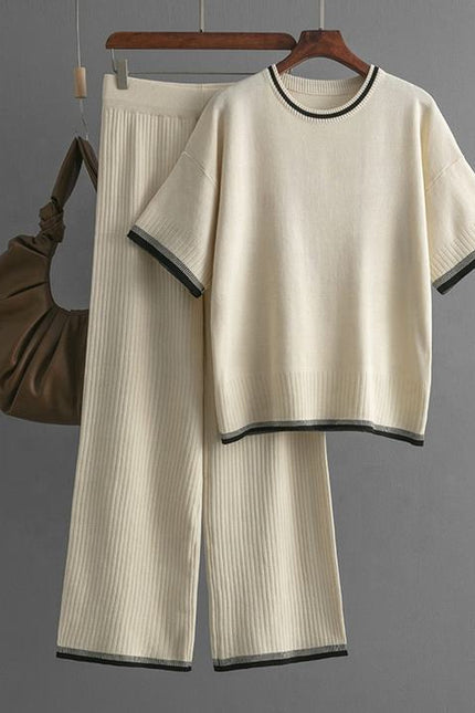 Fashion Women's Loose Sweater Top High Waist Thin Wide Leg Pants Two-piece Set Womens Cotton Knit Pant Sets