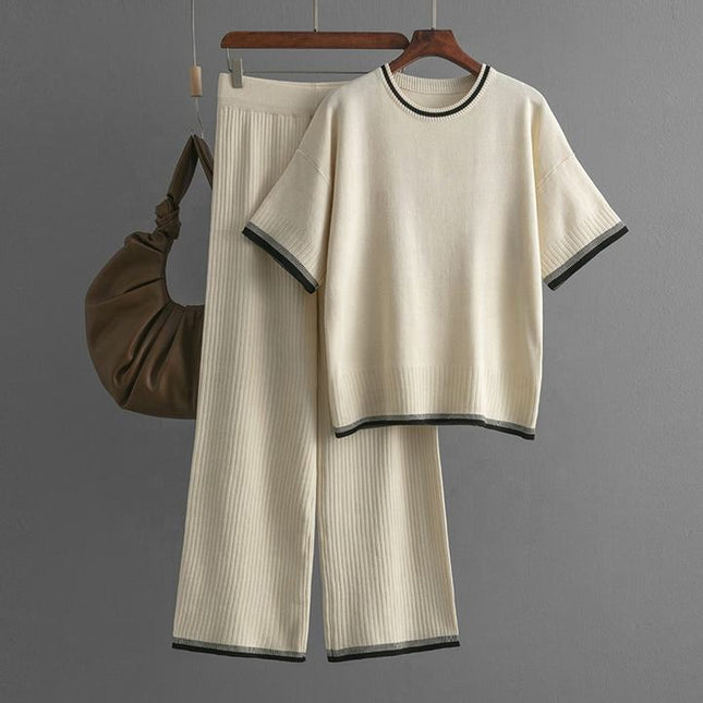 Fashion Women's Loose Sweater Top High Waist Thin Wide Leg Pants Two-piece Set Womens Cotton Knit Pant Sets