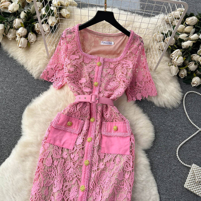 2025 Spring Summer Dress High Quality Women Allover Crochet Lace Embroidery Beading Button Bodycon Dress