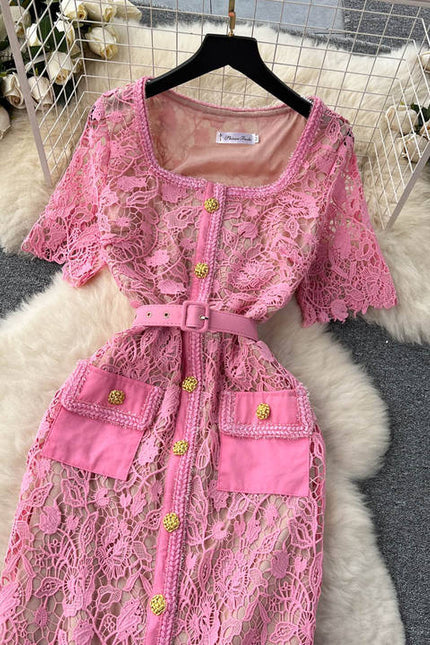 2025 Spring Summer Dress High Quality Women Allover Crochet Lace Embroidery Beading Button Bodycon Dress