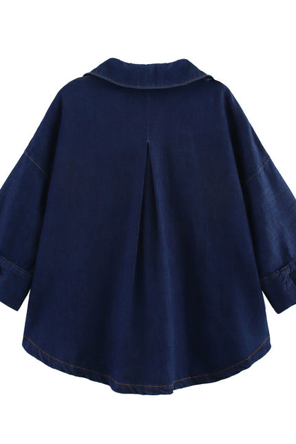 Turn Down Collar Buttons up Long Sleeve Denim Blue Color Casual Fashion Jeans Tops Blouse for Women