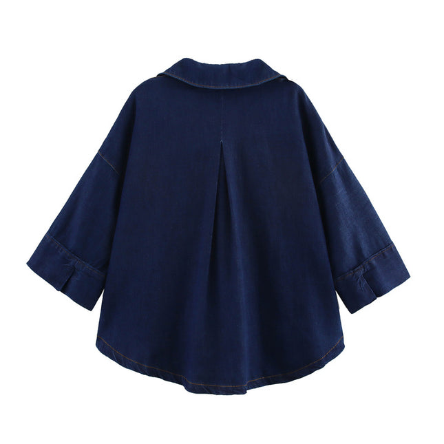 Turn Down Collar Buttons up Long Sleeve Denim Blue Color Casual Fashion Jeans Tops Blouse for Women