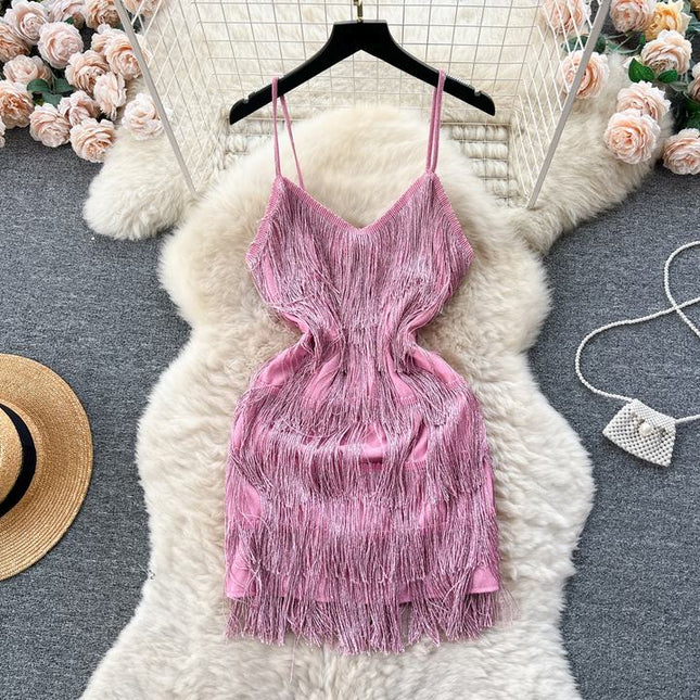 S-xl Summer Strap Tassel Dress New Women's Short Birthday Party Banquet Mini Dress