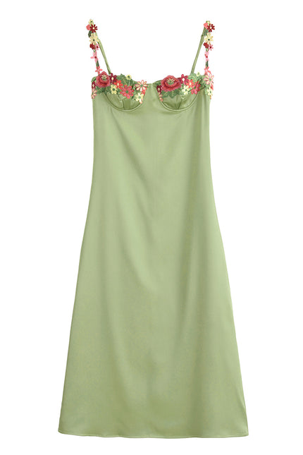 Green Color Floral Embroidery Spaghetti Strap Hot Sale Casual Fashion Summer Long slip Dress for Women