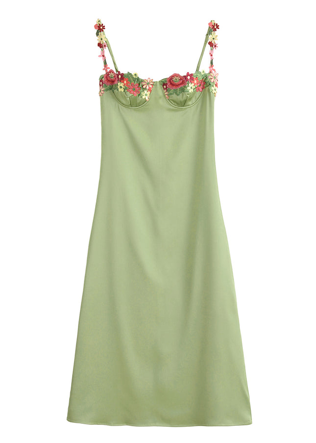 Green Color Floral Embroidery Spaghetti Strap Hot Sale Casual Fashion Summer Long slip Dress for Women