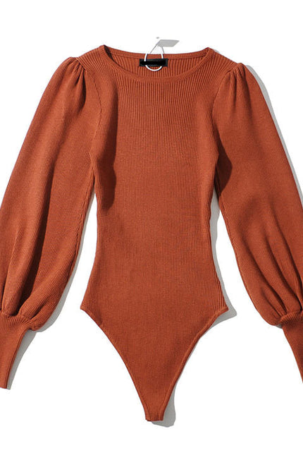 Four Colorway Puff Long Sleeve Knitted Fashion Stretchy Bodycon Casual Bodysuit for Women