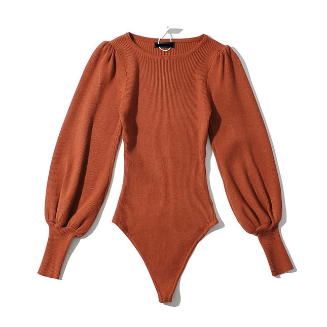 Four Colorway Puff Long Sleeve Knitted Fashion Stretchy Bodycon Casual Bodysuit for Women