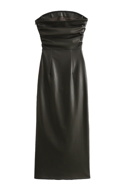 3 Colorway Zipper Fly Solid Color Pleated Strapless Casual Fashion Women Leather Long Dress