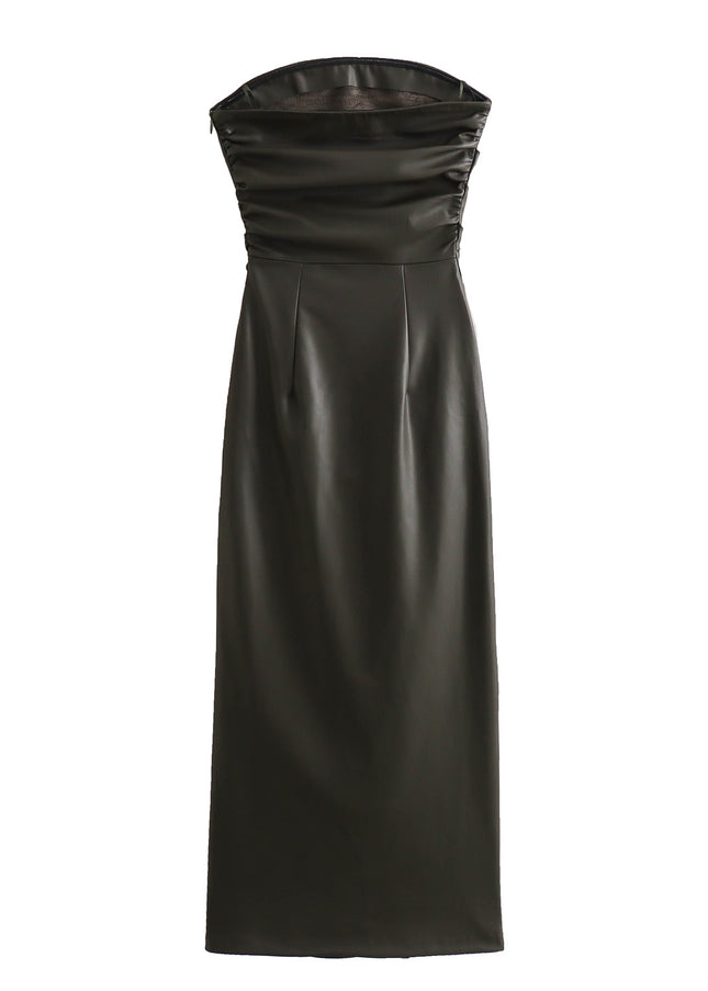 3 Colorway Zipper Fly Solid Color Pleated Strapless Casual Fashion Women Leather Long Dress