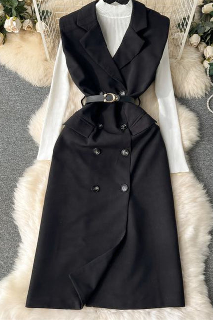Set Women'S Knitted Bottom Shirt Vintage Double-Breasted Suit Dress Two Piece Set