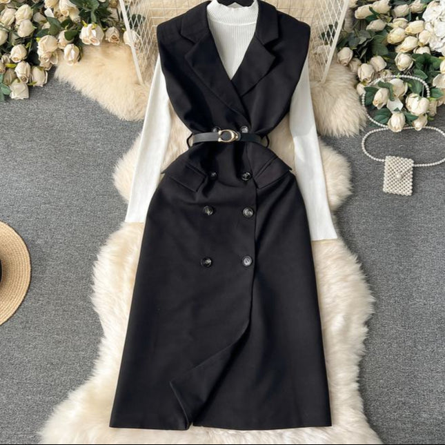 Set Women'S Knitted Bottom Shirt Vintage Double-Breasted Suit Dress Two Piece Set