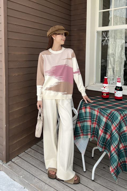 Round Neck Contrasting Color Autumn and Winter New Casual Loose Slimming Wide Leg Pants Knitted Two-piece Set for Women
