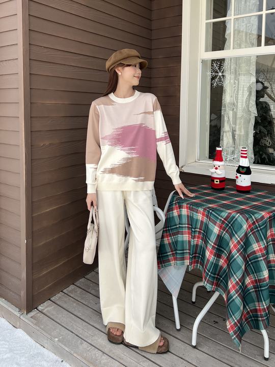 Round Neck Contrasting Color Autumn and Winter New Casual Loose Slimming Wide Leg Pants Knitted Two-piece Set for Women