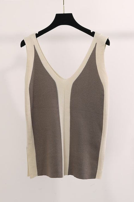New Color Matching V-neck Vest Knitted Split Top Color Matching Wide Leg Pants Knitted Two-piece Set
