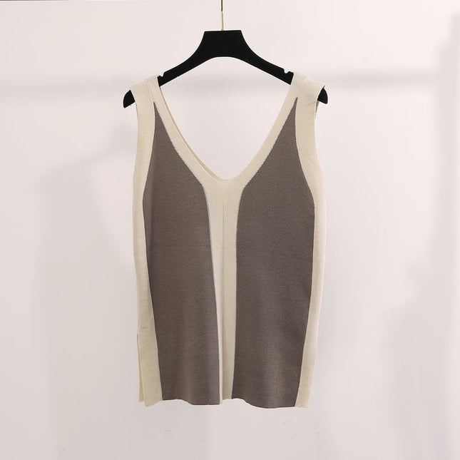 New Color Matching V-neck Vest Knitted Split Top Color Matching Wide Leg Pants Knitted Two-piece Set