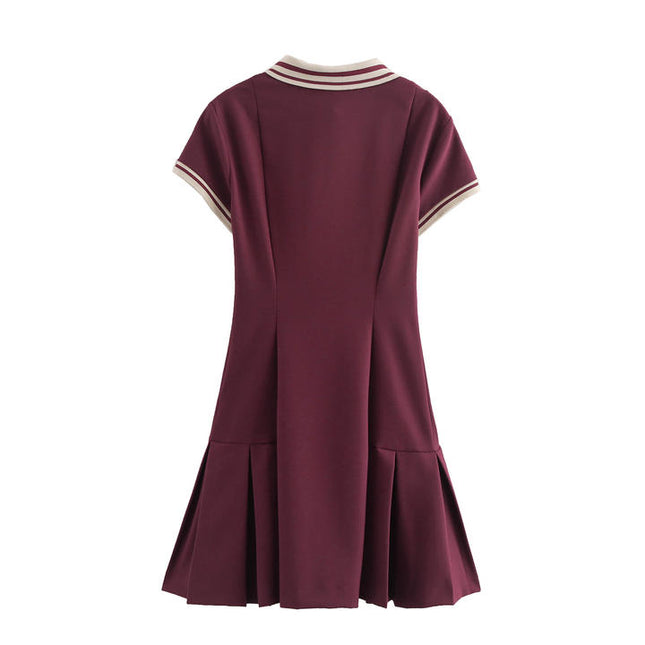 Turn Down Collar Short Sleeve Solid Color Bottom Pleated Casual Fashion Summer Mini Dress for Women