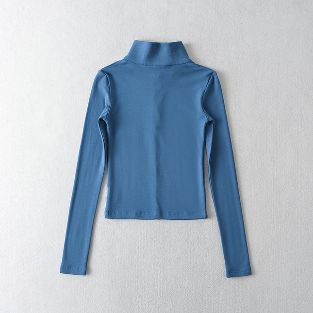 Turtleneck Collar Solid Color Long Sleeve Zipper Fly Casual Women t Shirt