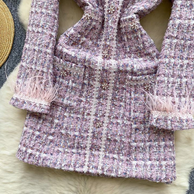 New Arrivals French Tweed Dress Women V-Neck Splicing Slim Short Mini Dresses for Ladies
