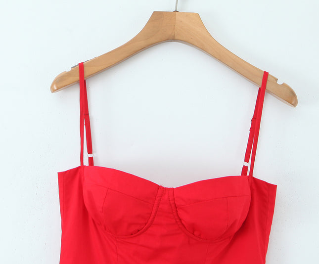 Spaghetti Strap Red Color Zipper Fly Hot Sale Casual Fashion Long Cotton slip Dress for Women