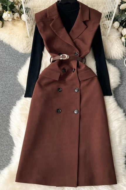 Set Women'S Knitted Bottom Shirt Vintage Double-Breasted Suit Dress Two Piece Set