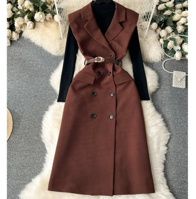 Set Women'S Knitted Bottom Shirt Vintage Double-Breasted Suit Dress Two Piece Set