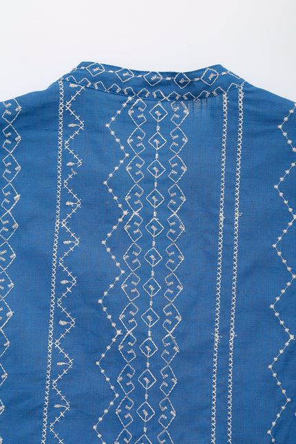 V Neck Blue Color Embroidery Buttons up Long Sleeve Casual Fashion Tops Blouse for Women