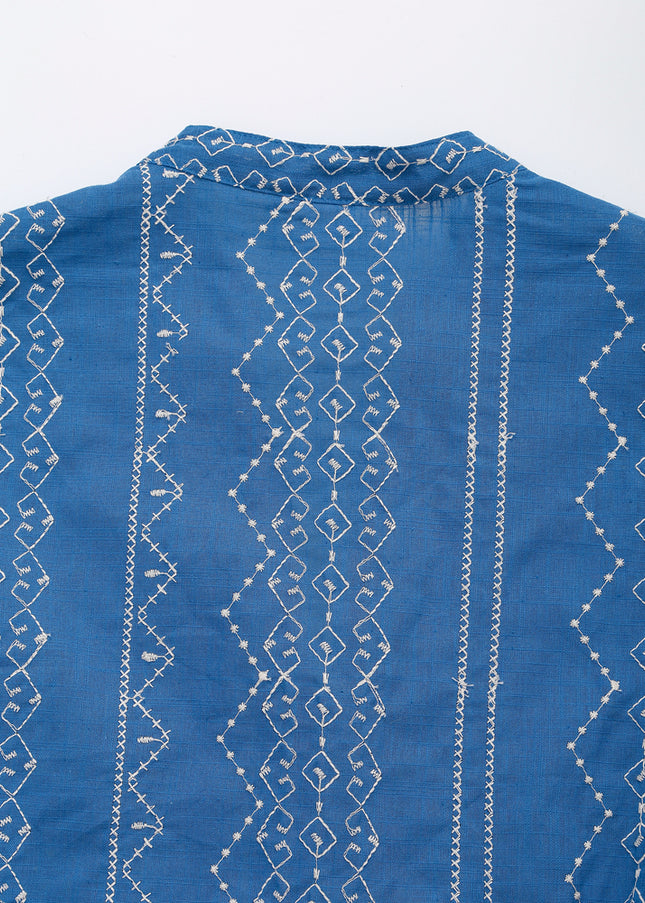 V Neck Blue Color Embroidery Buttons up Long Sleeve Casual Fashion Tops Blouse for Women