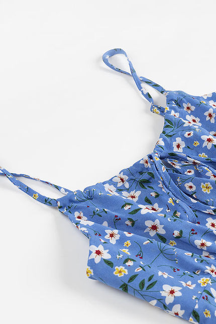 Blue Color Front Slit Spaghetti Strap Floral Print Casual Fashion slip Dress for Women