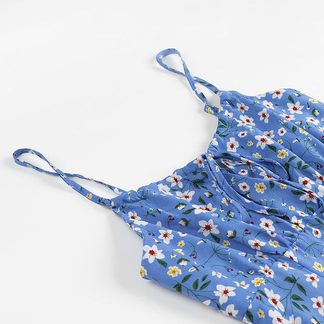 Blue Color Front Slit Spaghetti Strap Floral Print Casual Fashion slip Dress for Women