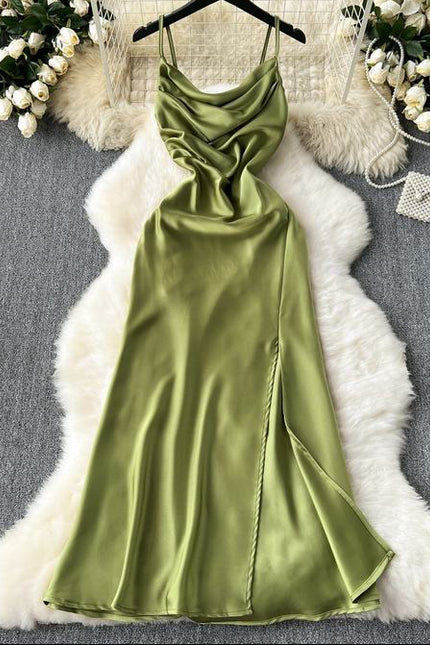 Summer Women Halter Sleeveless Split Sexy Elegant Satin Long Gowns Dresses