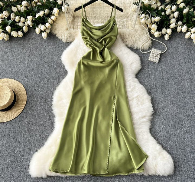 Summer Women Halter Sleeveless Split Sexy Elegant Satin Long Gowns Dresses