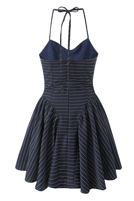 Navy Color Striped Print Buttons up Casual Fashion Mini Halter Dress for Ladies