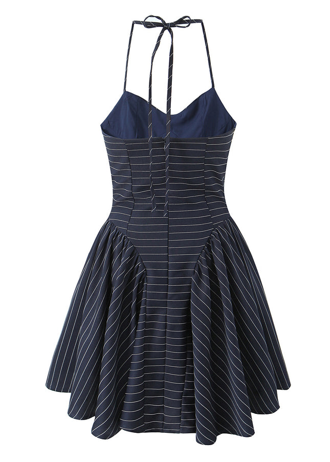 Navy Color Striped Print Buttons up Casual Fashion Mini Halter Dress for Ladies