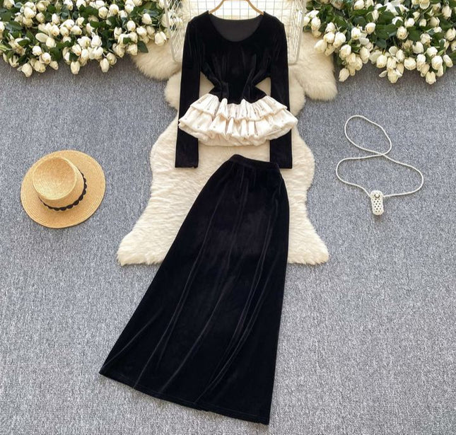 Senior Nail Drill Lotus Leaf Hem Splicing Long Sleeve Top High Waist Skirt Two Sets