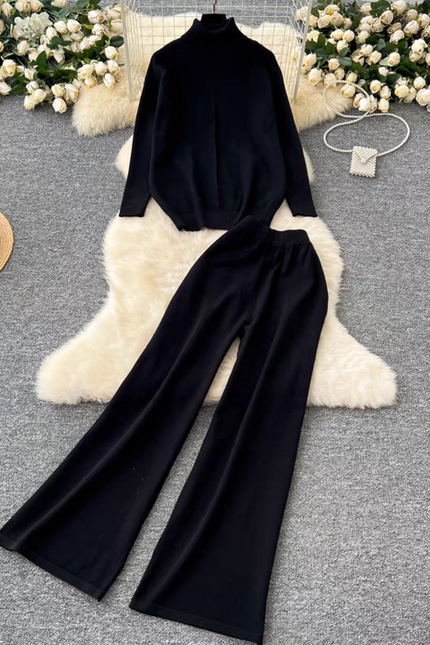 High Neck Sweater Women Versatile Autumn and Winter Lazy Style Long Sleeved Sweater High Waist Wide Leg Long Pants Two-piece Set