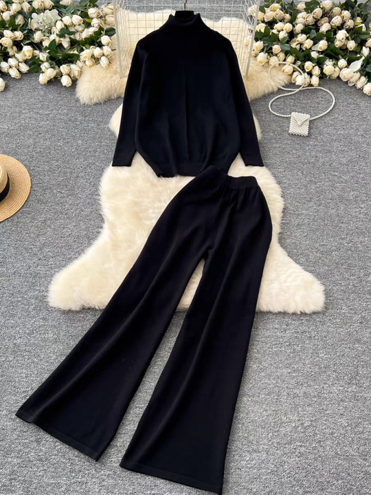 High Neck Sweater Women Versatile Autumn and Winter Lazy Style Long Sleeved Sweater High Waist Wide Leg Long Pants Two-piece Set