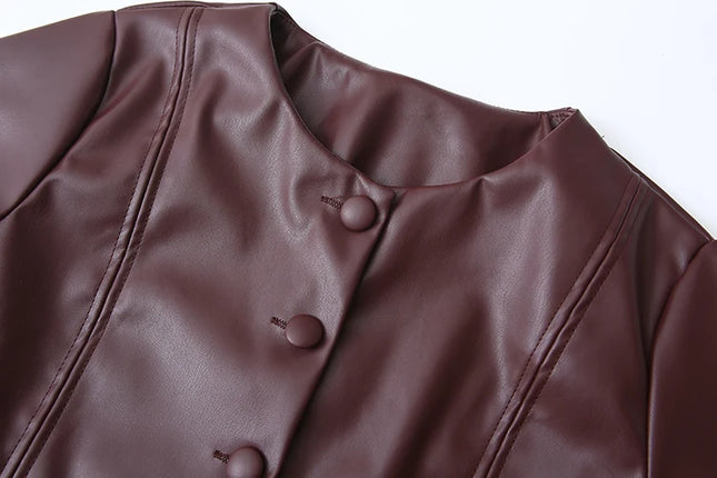 Crew Neck Burgundy Color Single Breasted Long Sleeve Casual Fashion PU Leather Jacket for Women