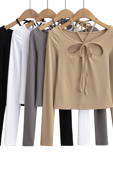 4 Colorway Front Hollow Out Long Sleeve Crew Neck Knitted Casual Fashion Women t Shirt