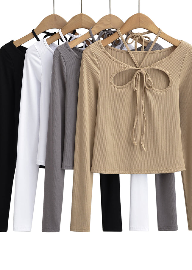 4 Colorway Front Hollow Out Long Sleeve Crew Neck Knitted Casual Fashion Women t Shirt