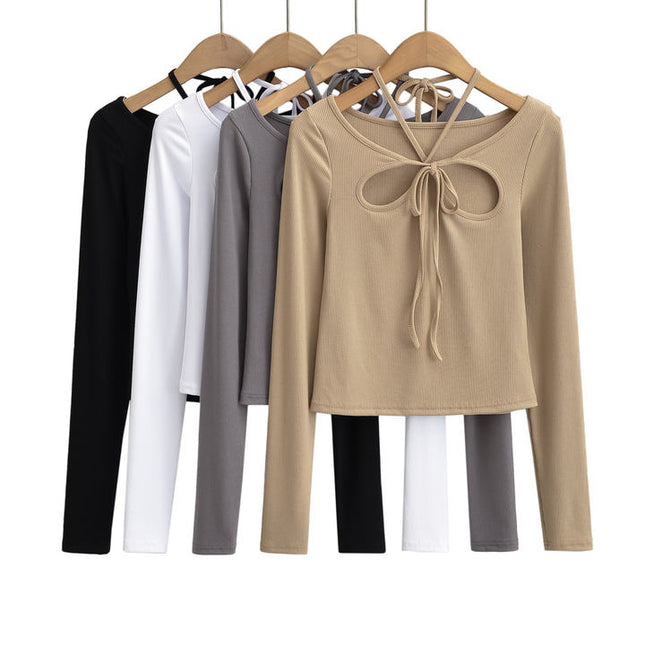 4 Colorway Front Hollow Out Long Sleeve Crew Neck Knitted Casual Fashion Women t Shirt
