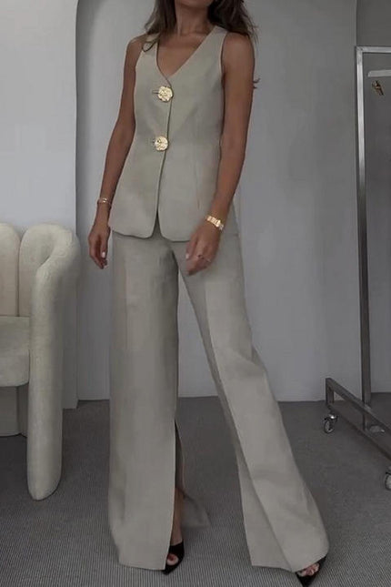 Autumn New Fashion Casual Women'S Buttoned Undershirt Undershirt Slit Pants Two Piece Set