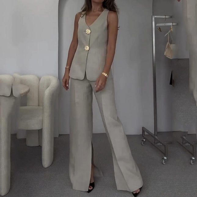Autumn New Fashion Casual Women'S Buttoned Undershirt Undershirt Slit Pants Two Piece Set