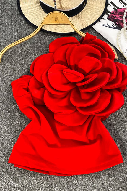 Estereoscópico Grande Flor Slant Pescoço Um Ombro Halter Vest Mulheres Outer Backless Top