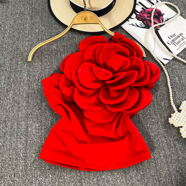 Estereoscópico Grande Flor Slant Pescoço Um Ombro Halter Vest Mulheres Outer Backless Top