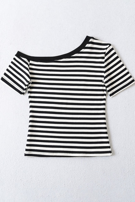 4 Colorway Asymmetrical Design Short Sleeve Striped Print Casual Fashion Summer Women t Shirt