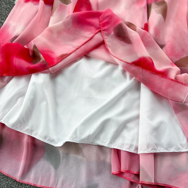 2024 Summer Fashion Waistband Slim Mid Length Halo Dyed Pink Print Strap Dress Beach Resort Dress