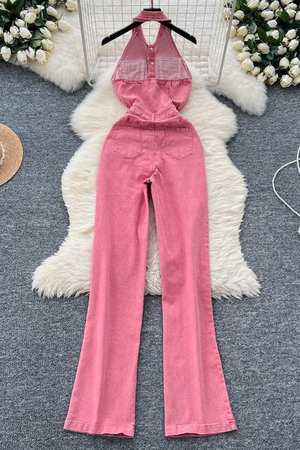 Summer Jumpsuit Hanging Neck Sleeveless Backless High Waist Wide Leg Denim Jumpsuit