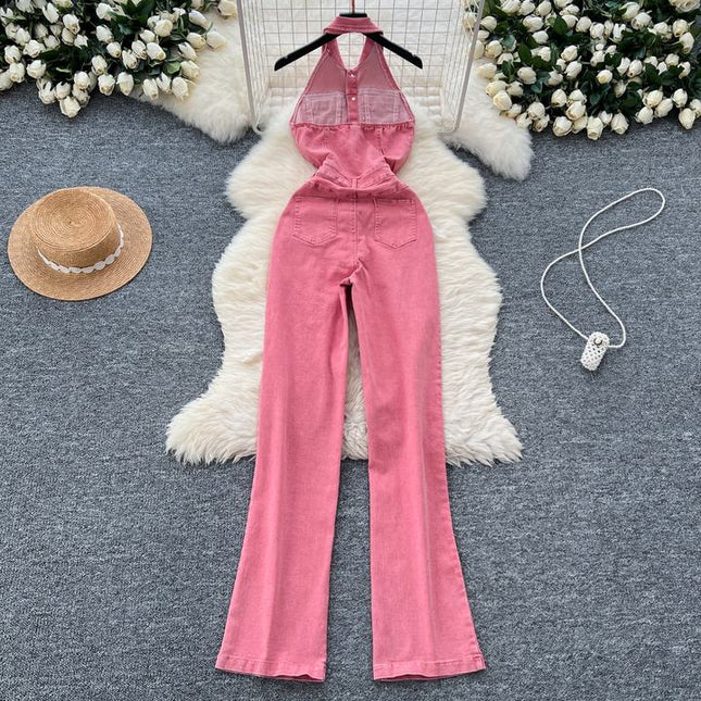Summer Jumpsuit Hanging Neck Sleeveless Backless High Waist Wide Leg Denim Jumpsuit