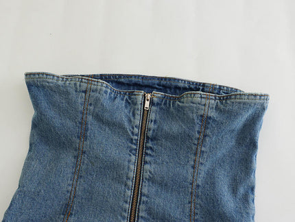 Denim Blue Color Strapless Back Zipper Fly Casual Fashion Women Crop tank Top