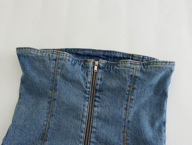 Denim Blue Color Strapless Back Zipper Fly Casual Fashion Women Crop tank Top